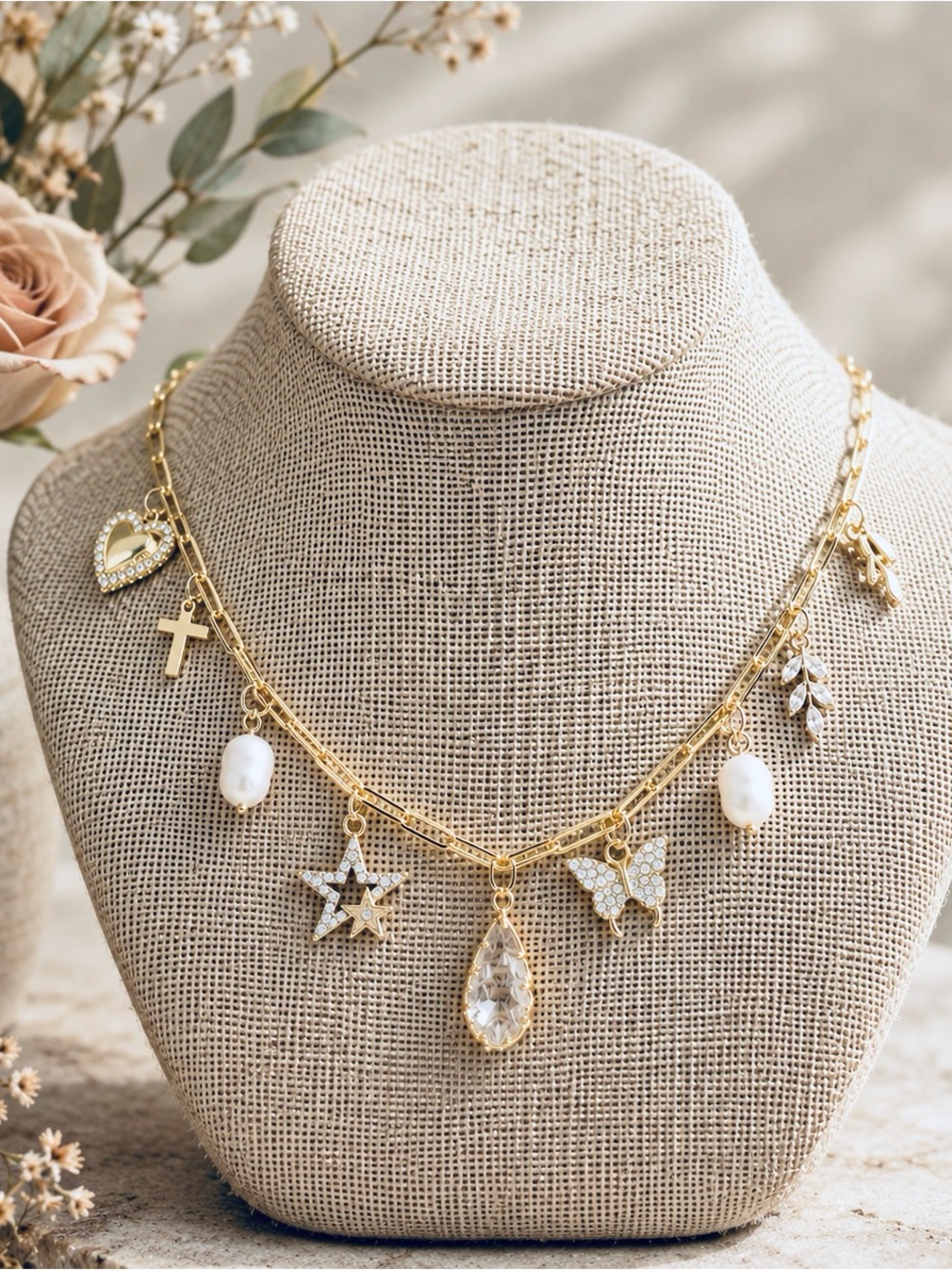 Gold Multi-Charm Pendant Necklace with Crystal and Pearl Accents